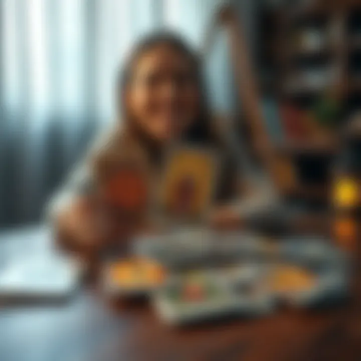 A person holds the Unifying Consciousness Tarot deck with a joyful expression, showcasing the colorful cards spread out on a table.