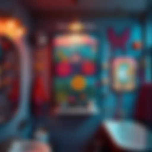 A colorful and creative piece of bathroom art displayed on a wall