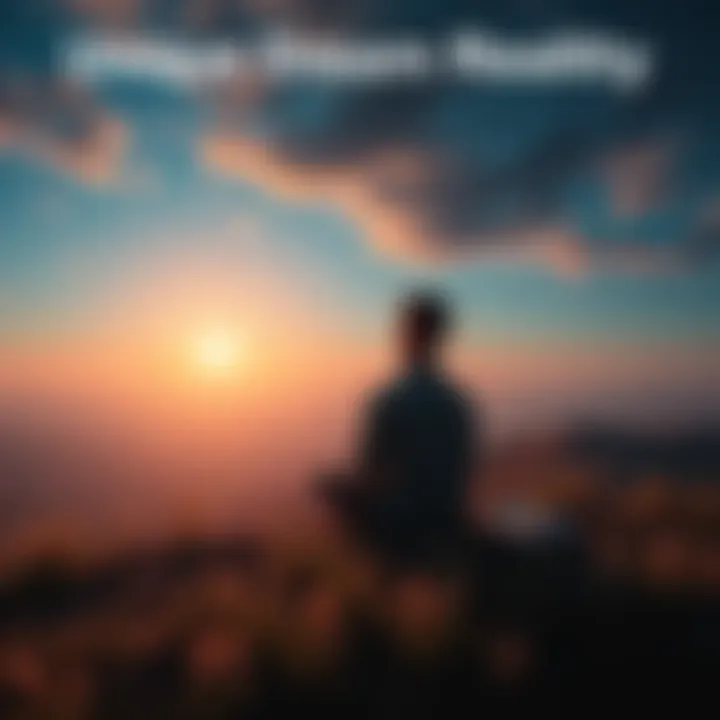 A person sitting alone in a surreal landscape, imagining unique dream realities and scripts.