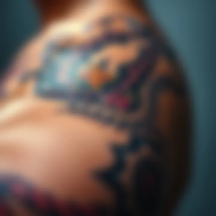 Unique Tattoo Design A close-up of a unique tattoo on a person's arm, showcasing intricate patterns and vibrant colors that attract attention.
