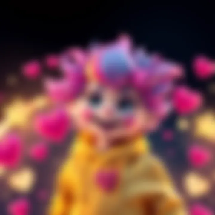 A colorful character with bright hair and playful clothing representing a creative alter ego, surrounded by hearts and stars, looking cheerful and inviting feedback.