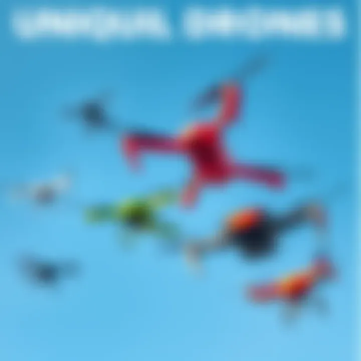 A variety of unusual drones flying together in a clear blue sky, showcasing their distinct shapes and colors.