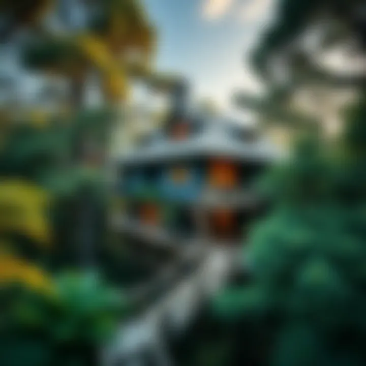 A stunning treehouse lodge surrounded by lush greenery, showcasing an unusual architectural design.