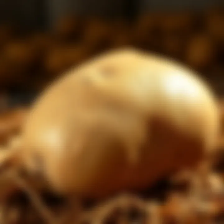A close-up of a distinct potato with a smooth surface and a light brown color, surrounded by a rustic background, showcasing its unique features.