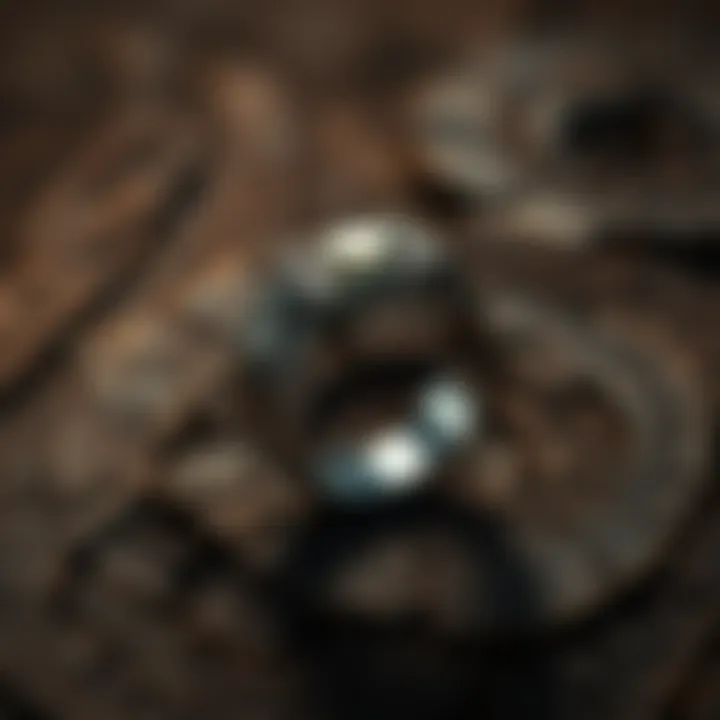 A close-up view of a stylish ring with intricate designs, placed on a rustic wooden surface.