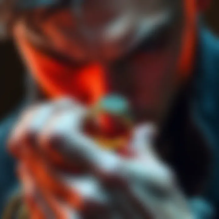 A person closely looking at a mystical ring with strange symbols, pondering its meaning