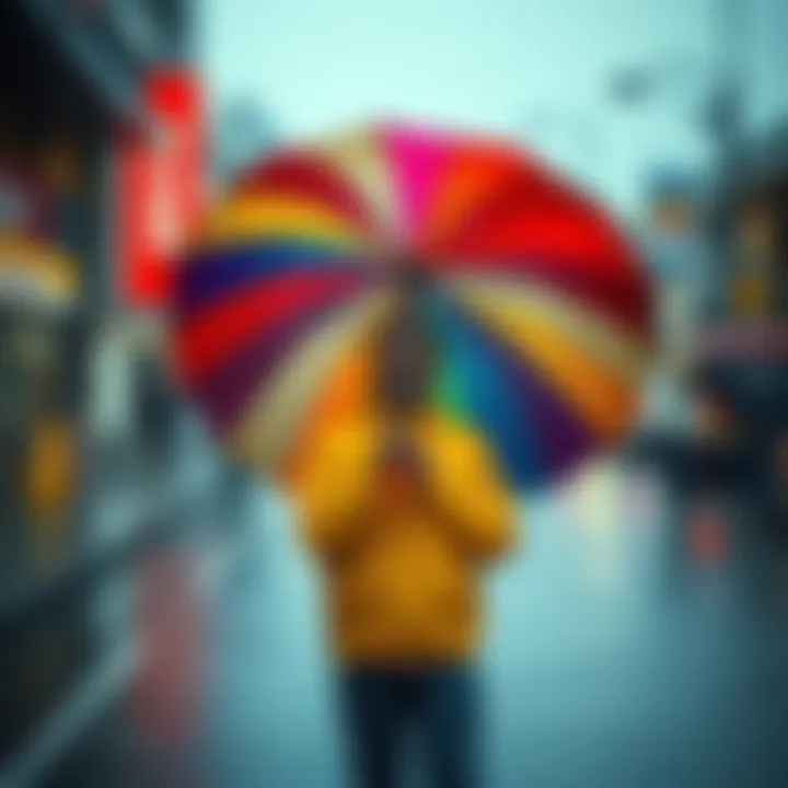 Individual standing alone with a warm smile, holding a colorful umbrella, symbolizing uniqueness and the joy of being oneself while searching for connection.