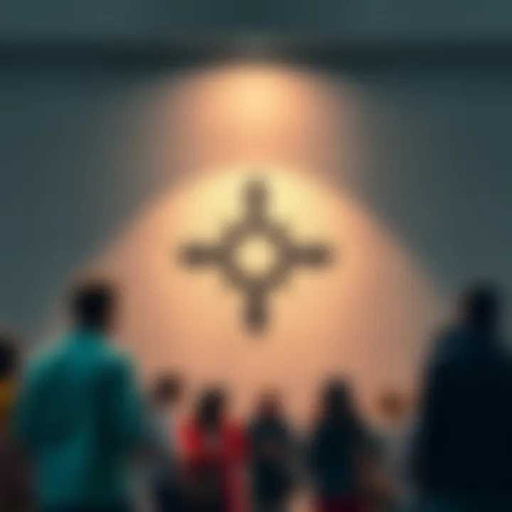 A close-up view of a mysterious symbol painted on a wall, surrounded by curious onlookers discussing its meaning.