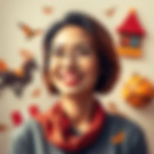 A warm portrait of a remarkable woman smiling, showcasing her personality and character traits, surrounded by elements that represent her life experiences.