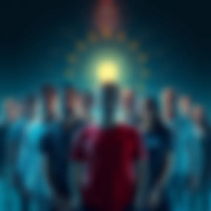 A diverse group of people standing together, representing unity and shared consciousness, each with different expressions but connected by a glowing light above their heads.