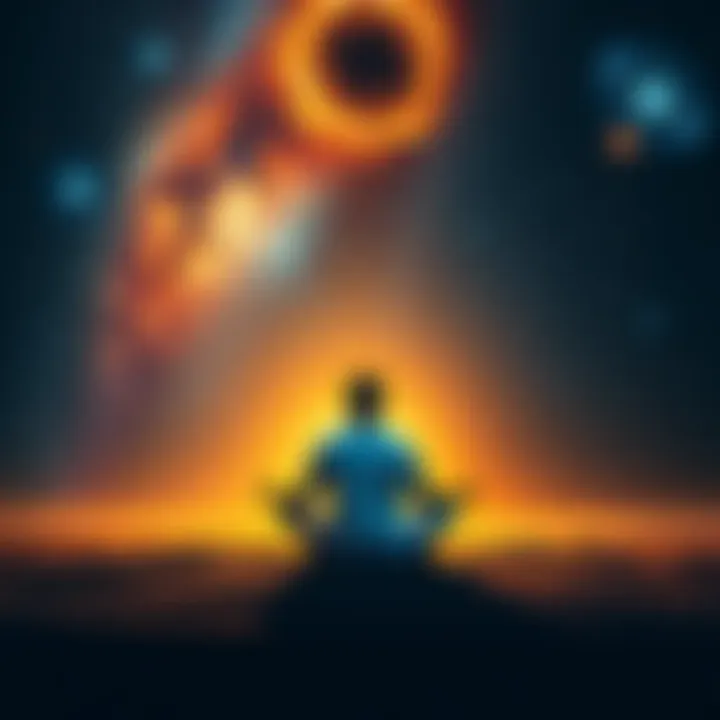 A person sitting in meditation with stars and galaxies in the background, representing a connection to universal consciousness.