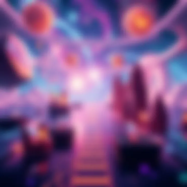 Illustration of a vibrant universe where higher-dimensional beings control a game-like reality with colorful elements representing different dimensions.