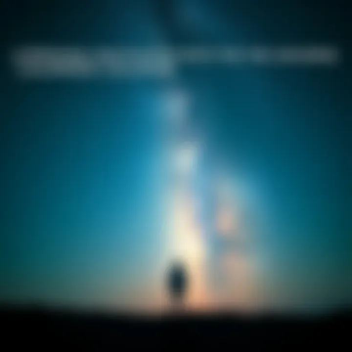 A person stands alone looking up at a vast, empty sky, with bright stars fading around them.