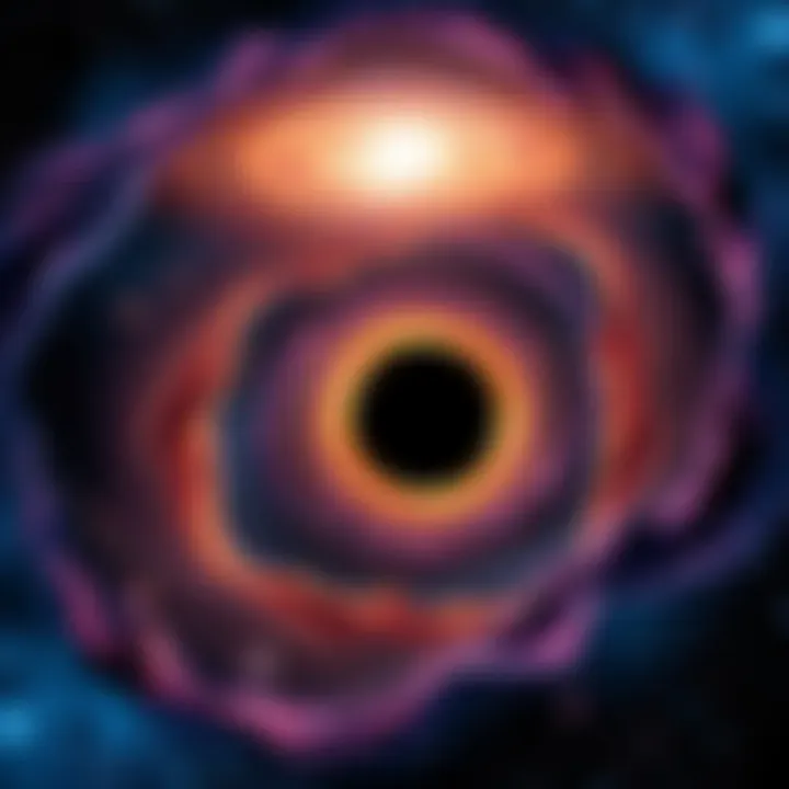 Illustration of a vast universe surrounded by a swirling black hole, depicting cosmic elements like stars and galaxies merging with the black hole's edge.