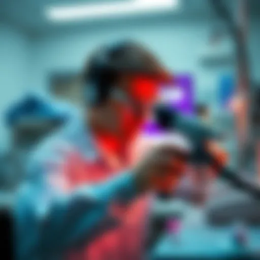 A researcher at the University at Albany examining unidentified aerial phenomena with advanced equipment in a lab setting.