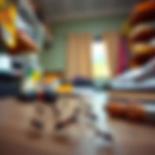 A close-up of ants crawling on a desk in a university dorm room, with a bottle of vinegar and food items in the background