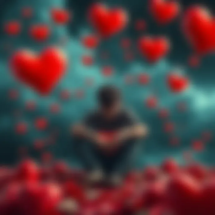 A heartbroken person sitting alone with sad expressions, surrounded by broken hearts and stormy clouds, representing struggles in relationships.