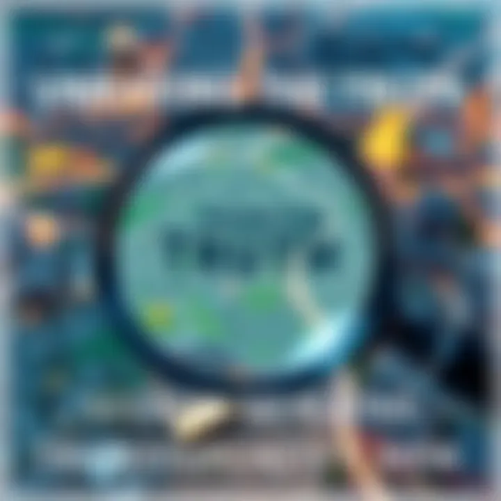 A magnifying glass over a community map symbolizing the search for transparency