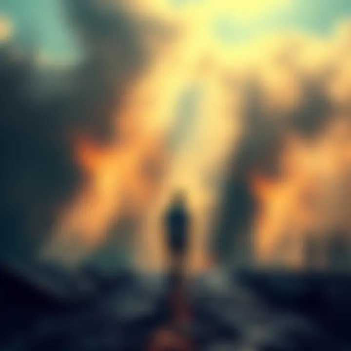 A person standing at a crossroads, symbolizing the struggle between self-awareness and societal expectations, surrounded by shadows of societal structures