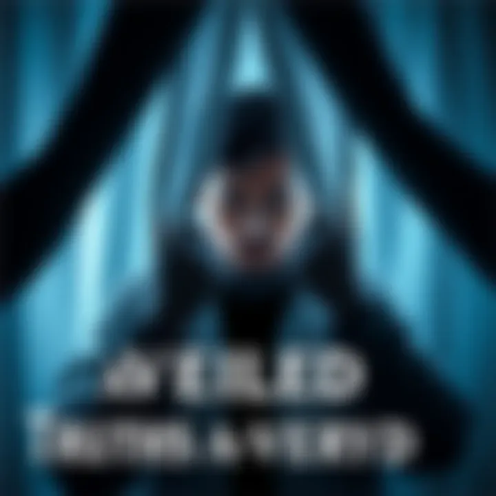 Veiled Truths Uncovered A person revealing hidden truths from behind a curtain, symbolizing the unveiling of concealed realities.