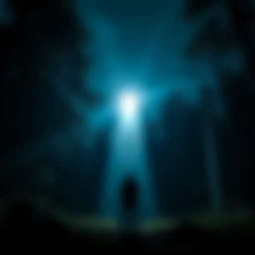 A person stands in a dark forest, looking up at a glowing UFO in the night sky, surrounded by strange lights and shadows.