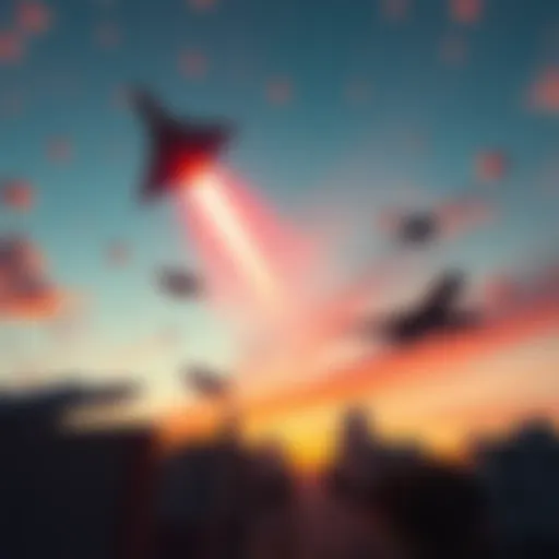 Houston sky showing a falling object with a tail, jets flying, and mysterious orbs at dusk