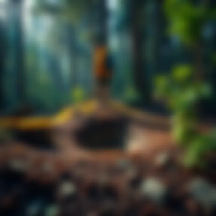 A hiker stands near a peculiar indent on the forest floor, surrounded by trees and greenery in Daniel Boone National Forest.