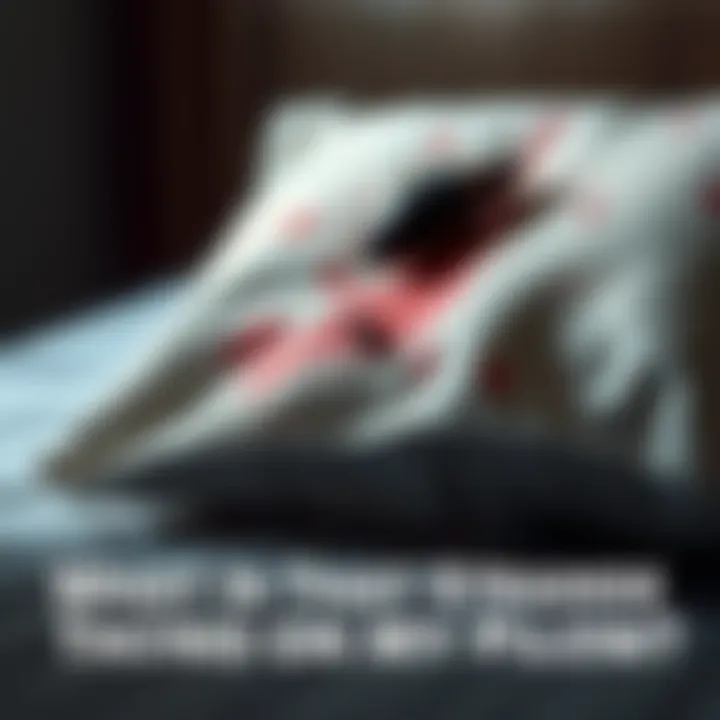 Close-up of a pillow with strange stains and a small bug on it