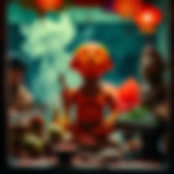 Unusual Offerings to Deities People place unique items like BBQ sauce and lemonade on an altar as offerings to various gods.