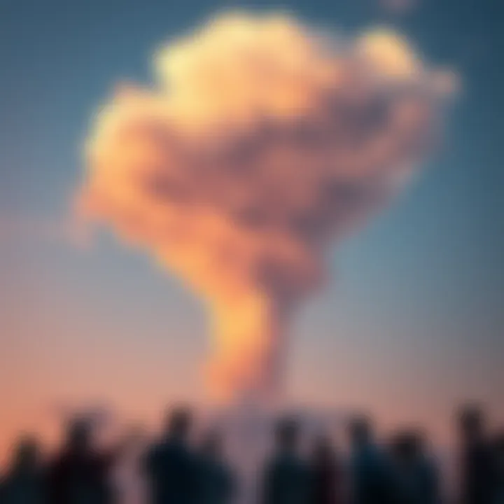 A bright, unusual cloud formation in the evening sky with curious onlookers pointing and discussing below.