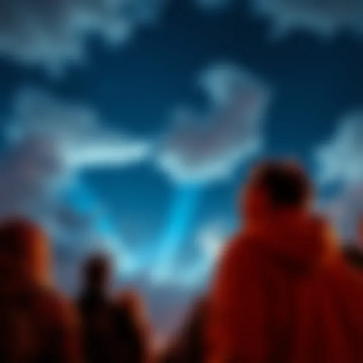 Unusual Sky Phenomena People looking up at the sky with curiosity, observing unusual cloud formations and bright lights