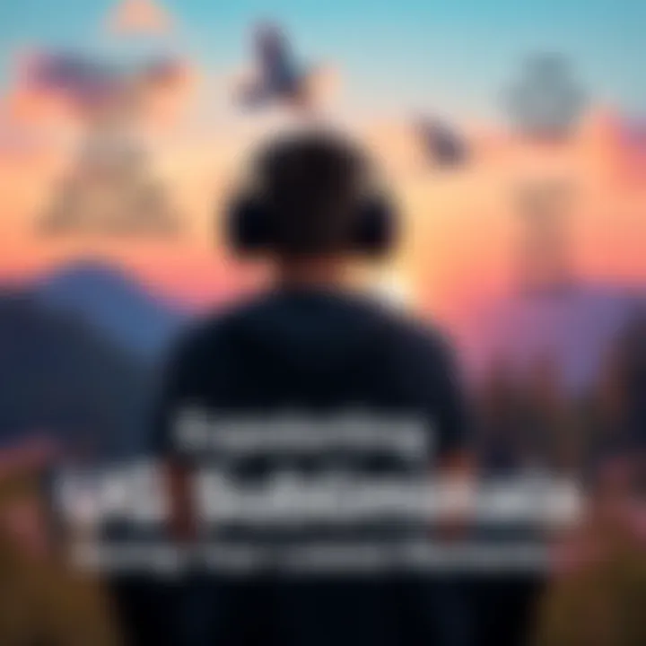 A person sitting calmly with headphones, surrounded by uplifting imagery like nature and positive quotes