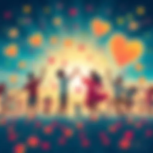 A bright and colorful scene depicting people embracing love and positivity surrounded by symbols of abundance like hearts and stars.
