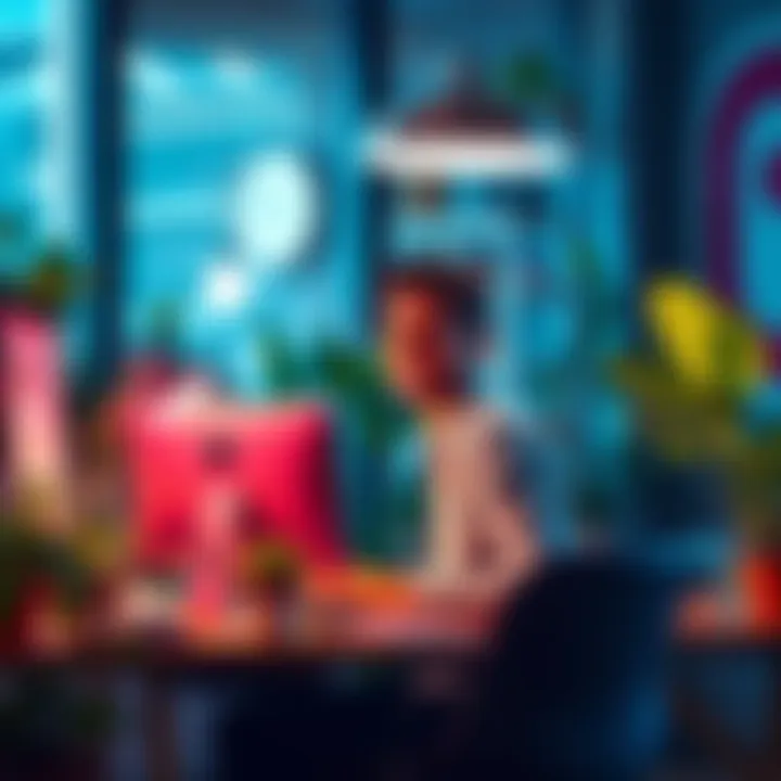 A vibrant office scene featuring plants, bright colors, and a person smiling while working at a computer, symbolizing positivity and resilience in a challenging work environment.