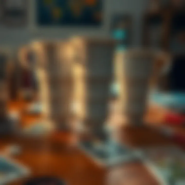 A close-up of three upside down cups on a wooden table, surrounded by tarot cards and art supplies, representing emotions and connections.