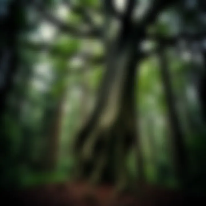 A unique upside down tree with roots exposed and branches pointing downward in a dense forest setting, hinting at bigfoot activity.