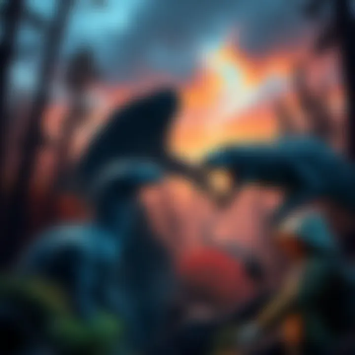 A collage of various cryptids and urban legends characters including Bigfoot and the Loch Ness Monster in a forest setting at dusk.