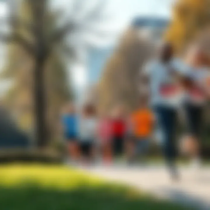 Group of diverse runners enjoying a sunny day in a city park, fostering community and fitness.