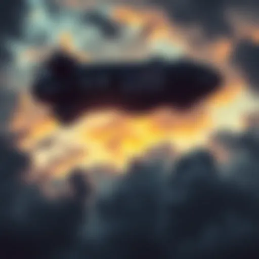 A US airship in the sky, with a backdrop of dark clouds symbolizing rising military tensions