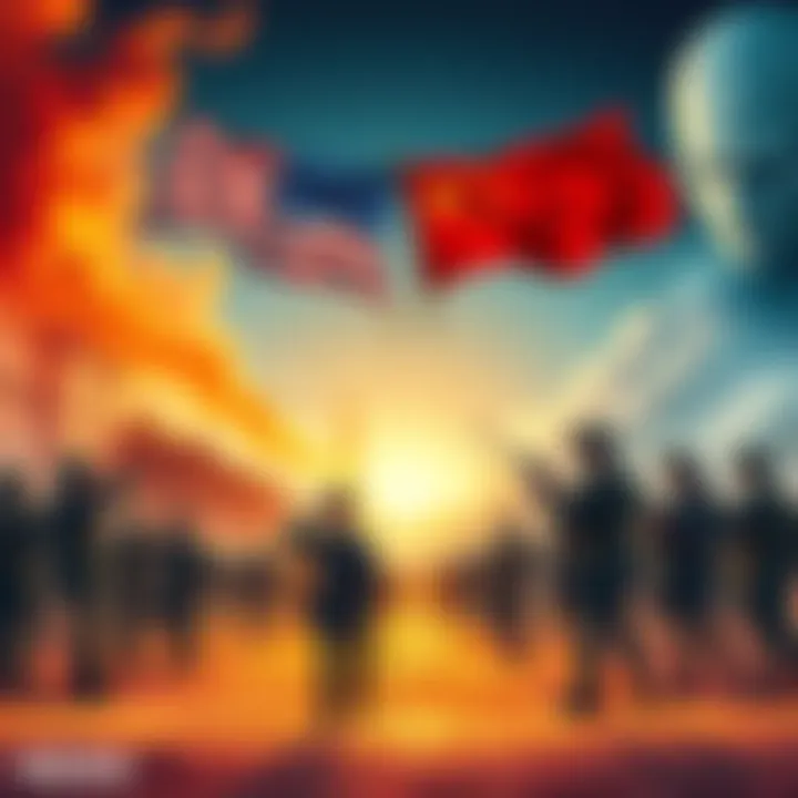 A symbolic illustration of a looming conflict between the U.S. and China, featuring their flags and imagery of military forces, representing global tensions.