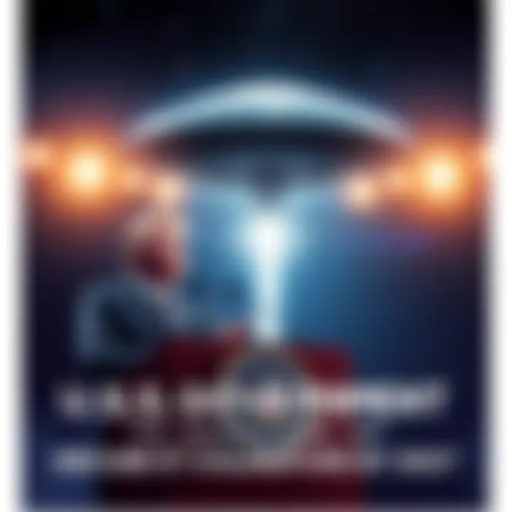 U.S. Government ET Collaboration Announcement A government official speaking at a podium, with a backdrop of stars and an alien spacecraft, signaling the upcoming disclosure of extraterrestrial collaborations.