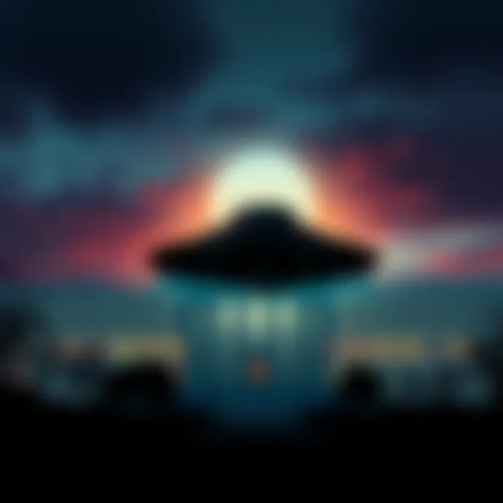 An illustration showing a silhouette of a UFO in front of a government building, highlighting hidden information about UAPs.