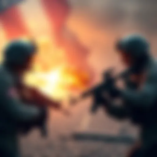 Military forces from the U.S. and Iran facing off in a tense standoff, illustrating rising global tensions.