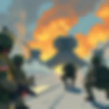 An illustration showing U.S. military personnel discussing strategy with advanced weapon systems in the background, highlighting the ongoing conflict with Iran.