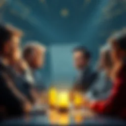 A group of people discussing US politics in 2025, featuring images of Trump and Elon Musk, with a backdrop of the Epstein Files documents, alongside astrological symbols.