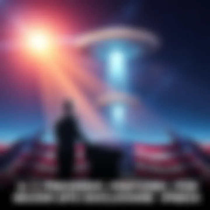 The US President stands at a podium, with a backdrop of an American flag and a starry sky, ready to address the nation about UFOs.