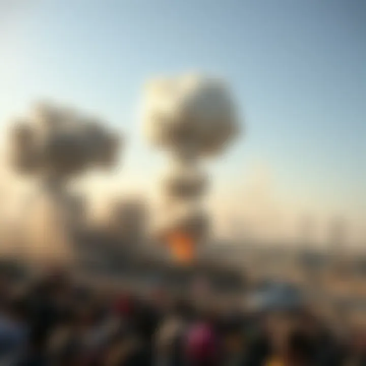 Smoke rising from a bombed area in Iran with a distressed crowd nearby