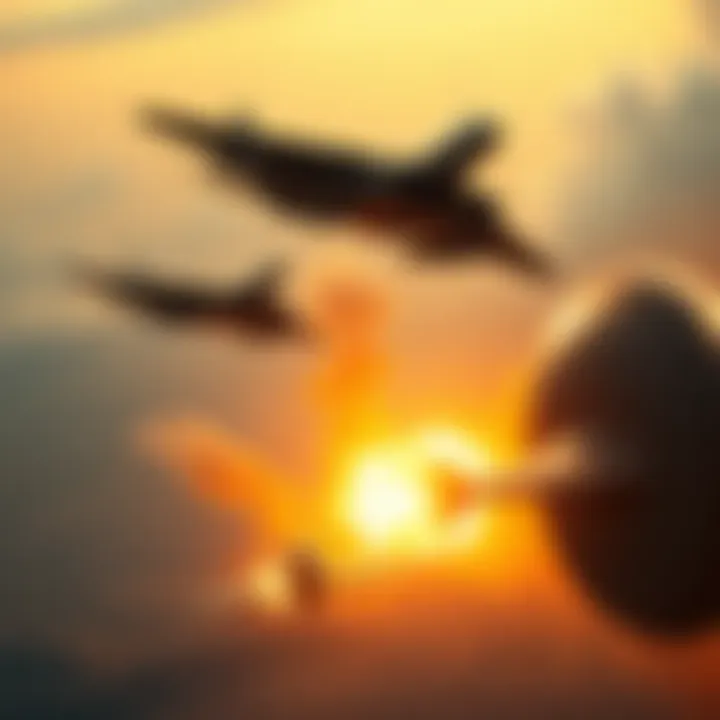 A dramatic scene showing military aircraft dropping bombs over a target area in Iran, with explosions visible below.