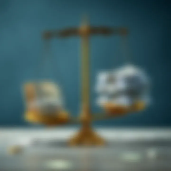 A graphic showing a scale with money on one side and a pile of debt paperwork on the other, illustrating the balance of an interest-based economy.