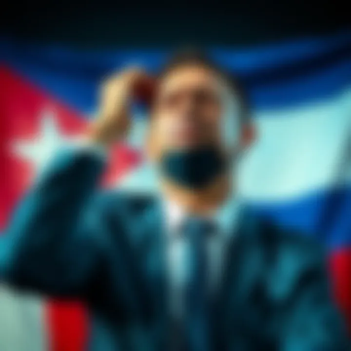 An American diplomat holding their head in pain, symbolizing brain injury caused by microwave weapons in Cuba, with a backdrop of the Cuban flag.